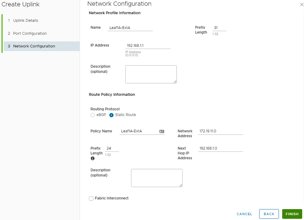Network Configuration page with static route